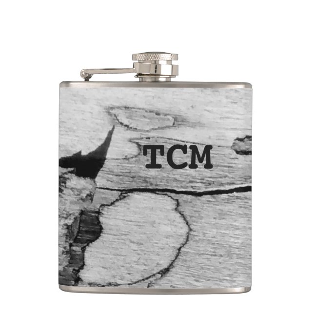 Monogram on wood black and white hip flask (Front)