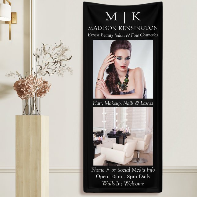 Monogram or Add Logo 2 Photo Business Black Banner (Edit to Customize text, colors and more)