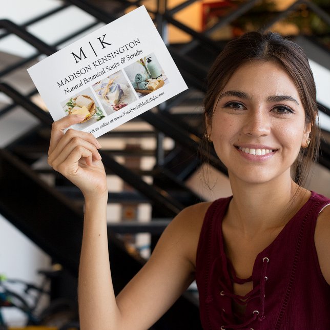 Monogram or Add Logo Business 3 Photos Card (Edit to Customize text, colors and more)