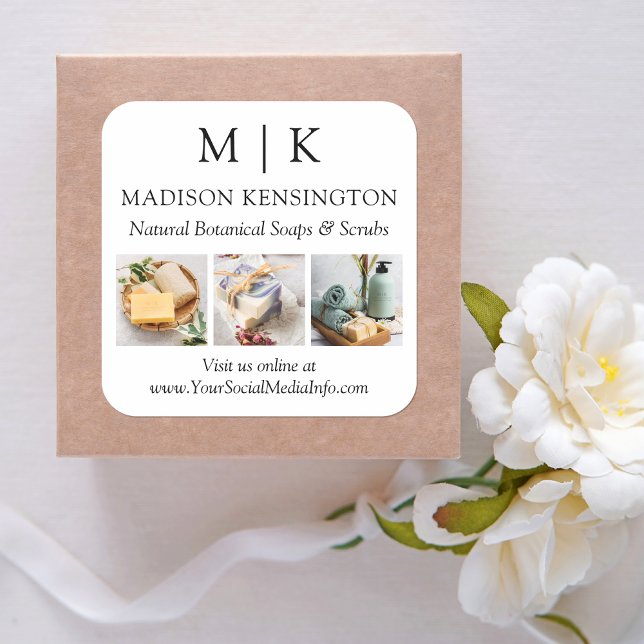 Monogram or Add Logo Business 3 Photos Square Sticker (Edit to Customize text, colors and more)