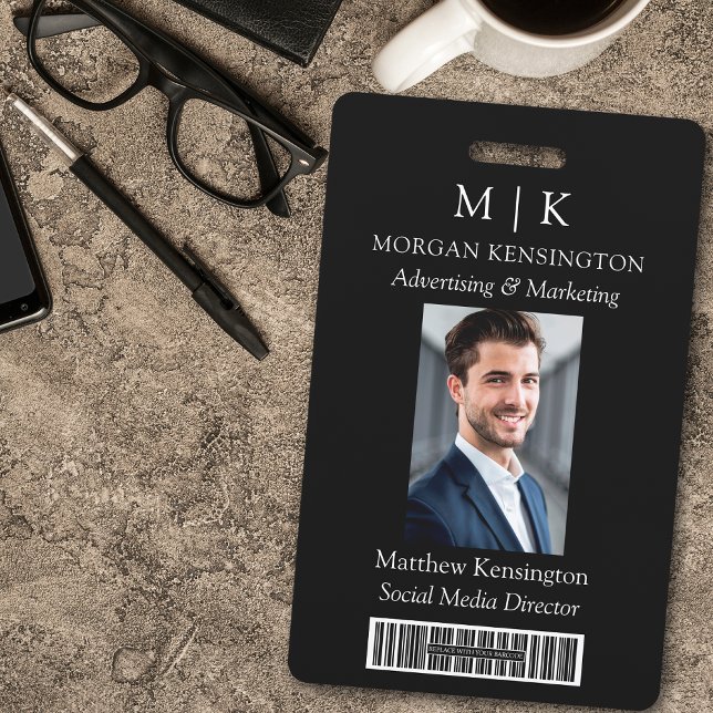 Monogram or Add Logo Business Black Barcode Photo ID Badge (Edit to Customize text, colors and more)