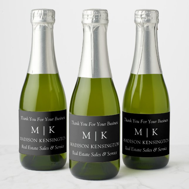 Monogram or Add Logo Business Black Mini Sparkling Wine Label (Bottles)