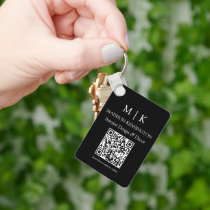 Monogram or Add Logo Business Black QR Code Key Ring