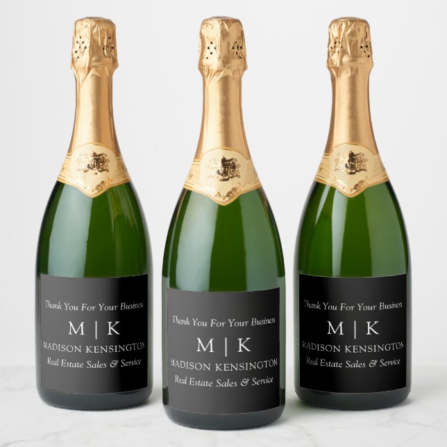 Monogram or Add Logo Business Black Sparkling Wine Label (Bottles)