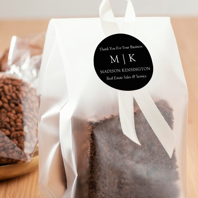 Monogram or Add Logo Business Gift Small Black Classic Round Sticker (Edit to Customize text, colors and more)