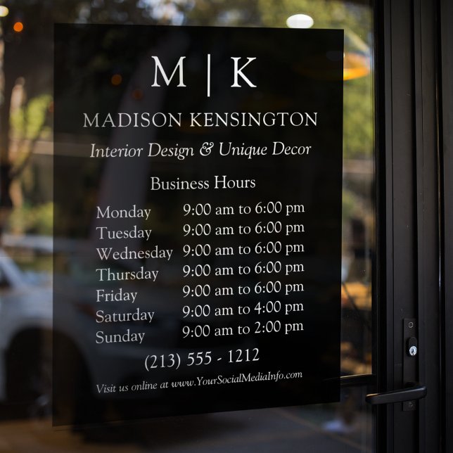Monogram or Add Logo Business Hours Black (Edit to Customize text, colors and more)