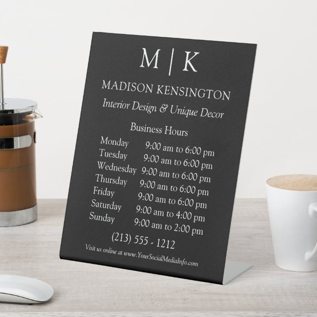 Monogram or Add Logo Business Hours Black Pedestal Sign (In SItu)