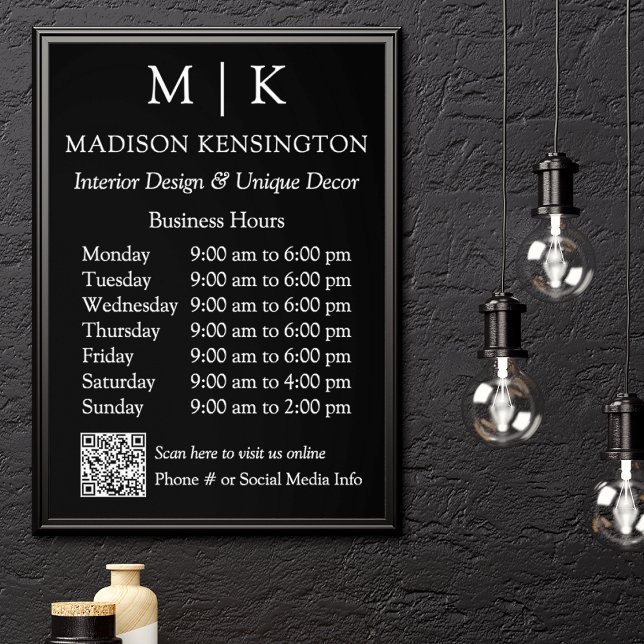 Monogram or Add Logo Business Hours Black QR Code Poster (Edit to Customize text, colors and more)