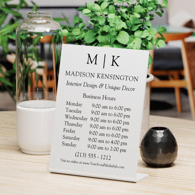 Monogram or Add Logo Business Hours Pedestal Sign (Edit to Customize text, colors and more)