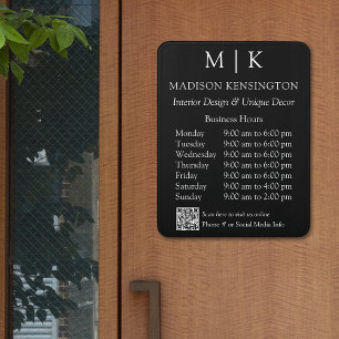 Monogram or Add Logo Business Hours QR Code Black Door Sign