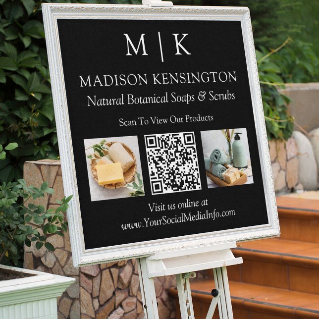 Monogram or Add Logo Business QR 2 Photos Black Poster (Edit to Customize text, colors and more)
