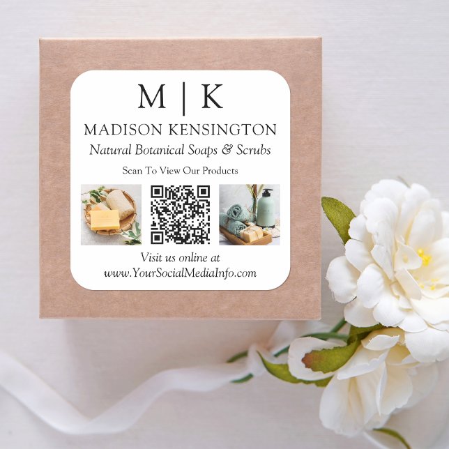 Monogram or Add Logo Business QR Code 2 Photos Square Sticker (Edit to Customize text, colors and more)