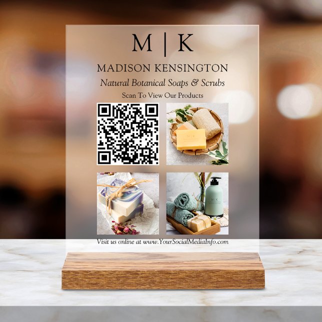 Monogram or Add Logo Business QR Code 3 Photos Acrylic Sign (Customize to change text size or text style.)