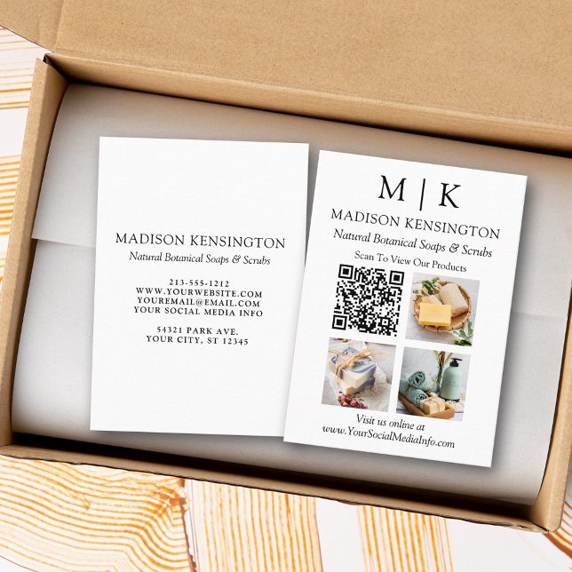 Monogram or Add Logo Business QR Code 3 Photos Card (Edit to Customize text, colors and more)