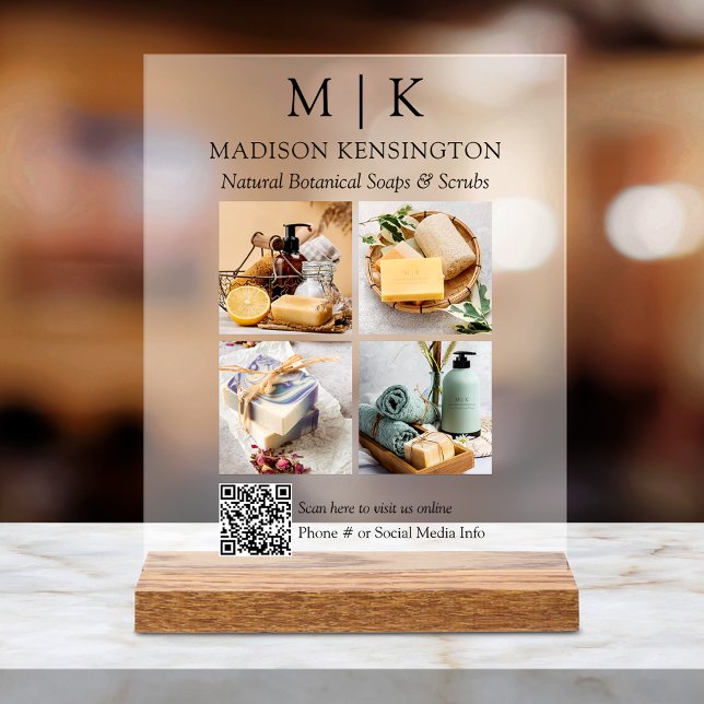 Monogram or Add Logo Business QR Code 4 Photos Acrylic Sign (Customize to change text size or text style.)