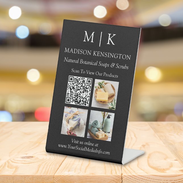 Monogram or Add Logo Business QR Code Photos Black Pedestal Sign (Edit to Customize text, colors and more)