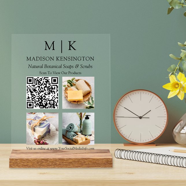 Monogram or Add Logo Business QR Code Photos Clear Acrylic Sign (Customize to change text size or text style.)