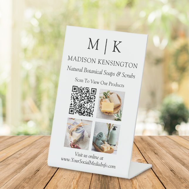Monogram or Add Logo Business QR Code Photos Pedestal Sign (Edit to Customize text, colors and more)