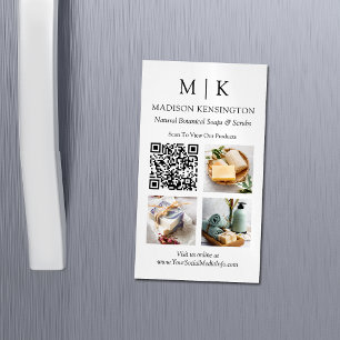 Monogram or Add Logo QR Code 3 Photos Magnetic Business Card