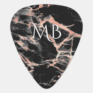 Monogram or Name, Rose Gold & Black Marble Guitar Pick