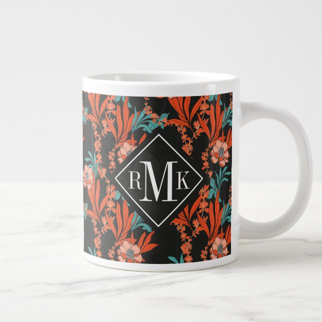 Monogram | Orange Abstract Floral Pattern Large Coffee Mug (Right)