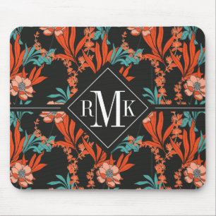 Monogram Orange Abstract Floral Pattern Mouse Pad