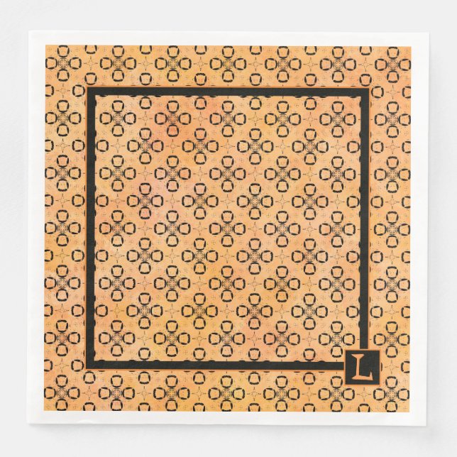 Monogram Orange and Black Retro Pattern Napkin (Front)