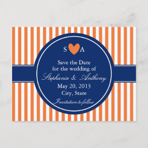 Monogram Orange and White Stripes with Royal Blue Announcement Postcard