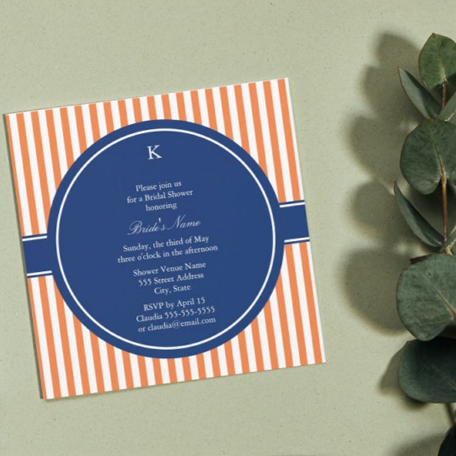 Monogram Orange and White Stripes with Royal Blue Invitation (Creator Uploaded)
