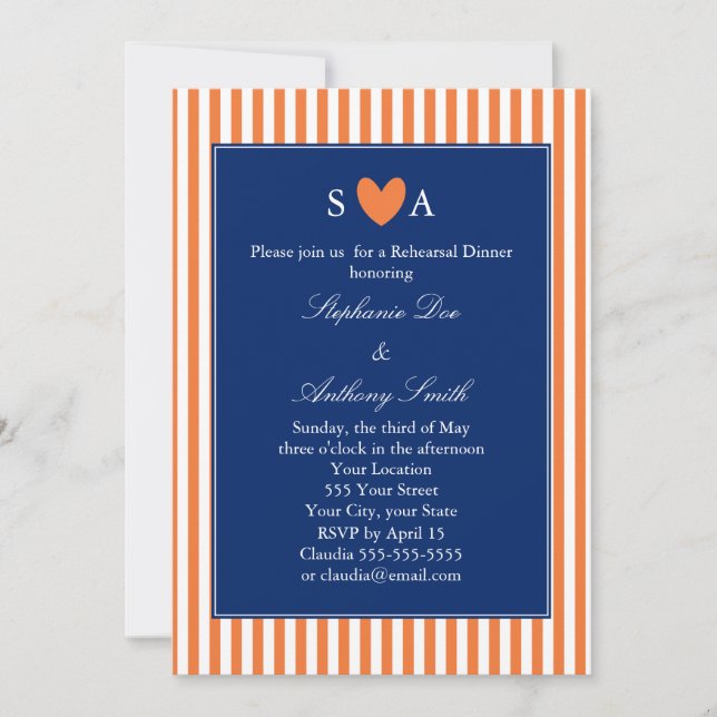 Monogram Orange and White Stripes with Royal Blue Invitation (Front)