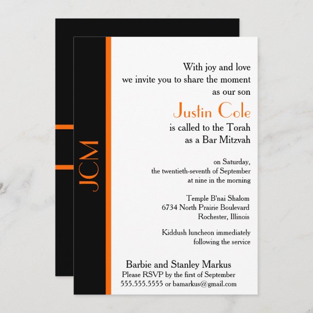 Monogram Orange Black Bar Mitzvah Invitation (Front/Back)