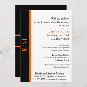 Monogram Orange Black Bar Mitzvah Invitation