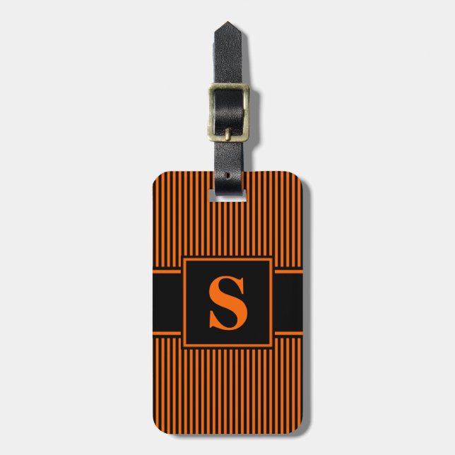 Monogram Orange Black Pinstripe Luggage Tag (Front Vertical)