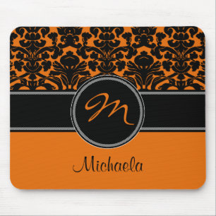 Monogram Orange Black White Damask Mousepad