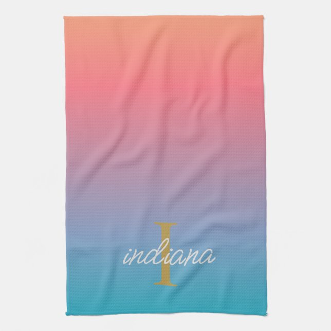 Monogram Orange Blue Ombre Modern Script Name Tea Towel (Vertical)