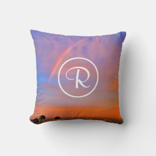 Monogram Orange Blue Sunset Rainbow Photo Modern Cushion