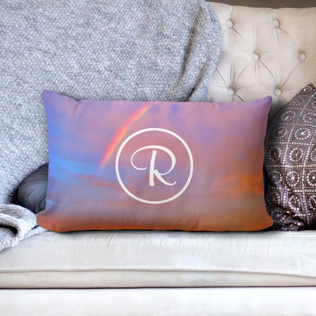Monogram Orange Blue Sunset Rainbow Photo Modern Lumbar Cushion (Creator Uploaded)