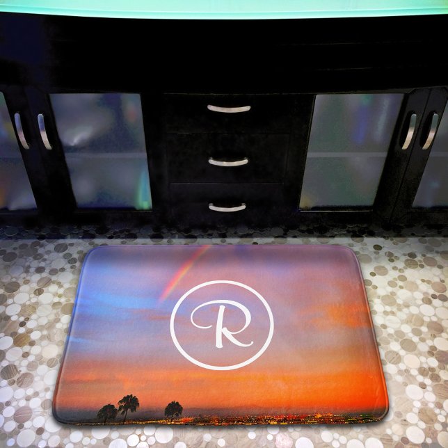 Monogram Orange Blue Sunset Rainbow Photography Bath Mat (Creator Uploaded)
