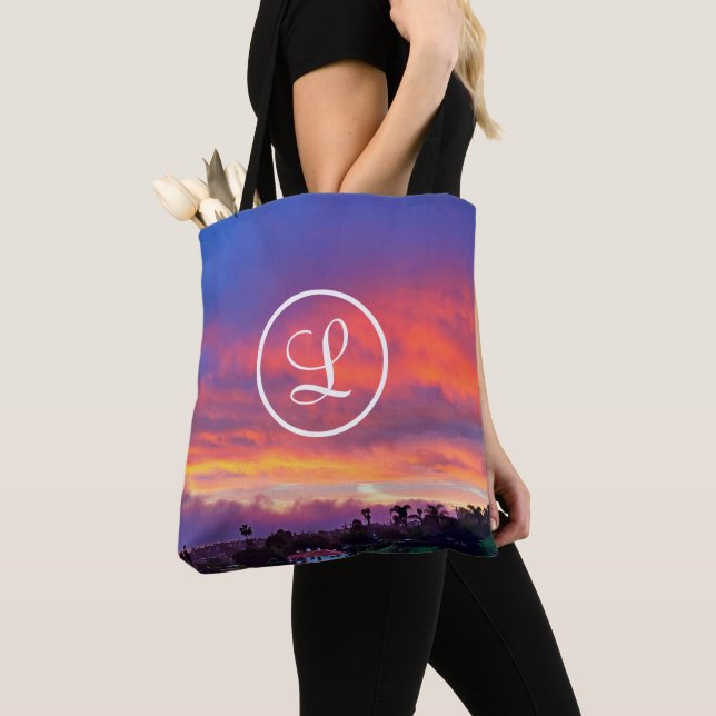 Monogram Orange Blue Yellow Sunset Coastal Photo Tote Bag (Close Up)