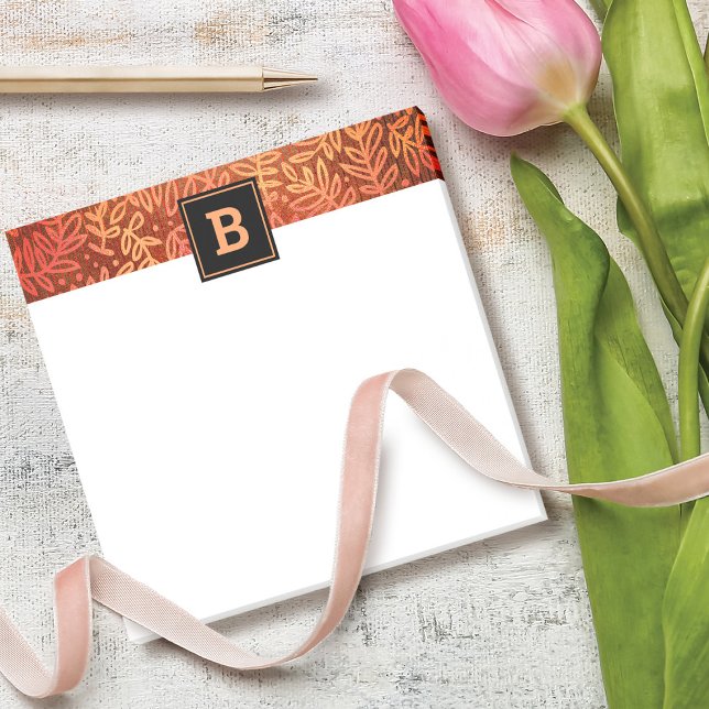 Monogram orange botanical leaf pattern bold chic  post-it notes (Creator Uploaded)