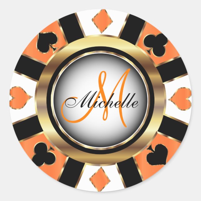Monogram Orange  Casino Poker Chip Design Classic Round Sticker (Front)