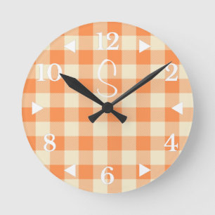 Monogram Orange Cream Plaid Farmhouse Round Clock