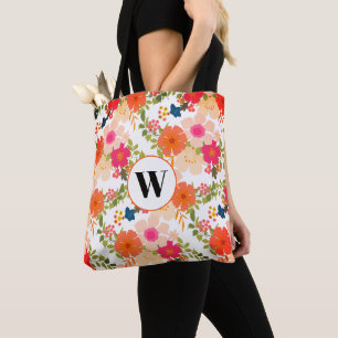 Monogram Orange Floral Pattern Tote Bag