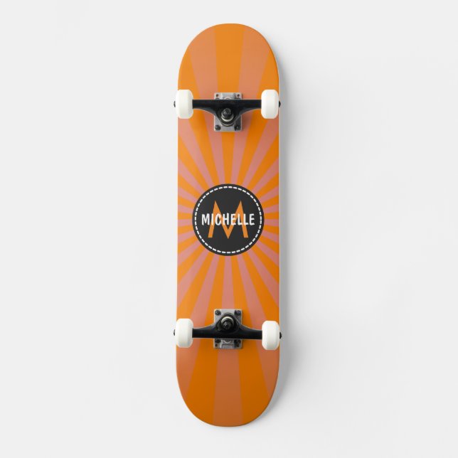 Monogram Orange Funky Sun Rays Pattern Skateboard (Front)