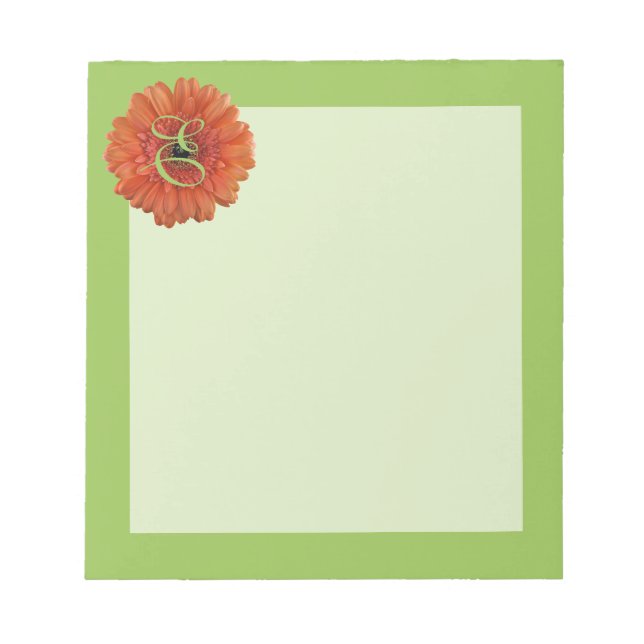 Monogram Orange Gerbera Daisy Green Notepad (Front)