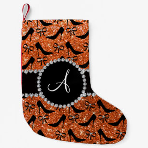 Monogram orange glitter black high heels bow small christmas stocking