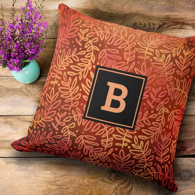 Monogram orange gold leaf pattern foliage modern cushion (Creator Uploaded)