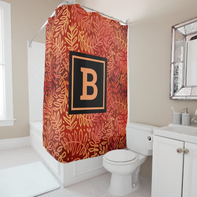 Monogram orange gold ombre leaf pattern modern shower curtain (In Situ)