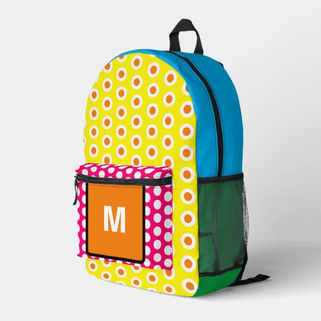 Monogram Orange Green Pink Blue Polka Dots  Printed Backpack (Back Corner Right)