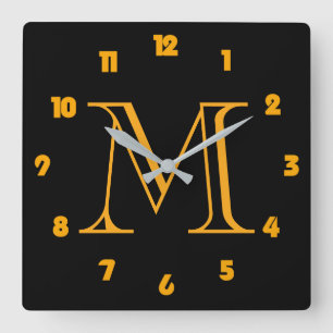 Monogram Orange Numbers On Black wccn Square Wall Clock